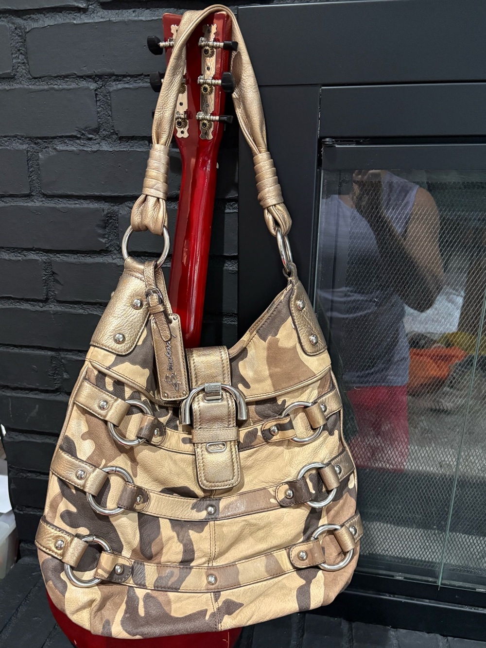 b. makowsky Gold and Brown Camouflage Hobo Shoulder Bag